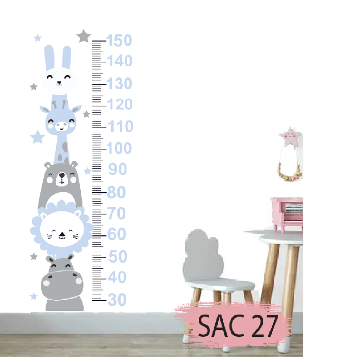 Children's Wall Height Chart Sticker – Cute 3D Animals (Rabbit, Lion, Bear) – Model S27