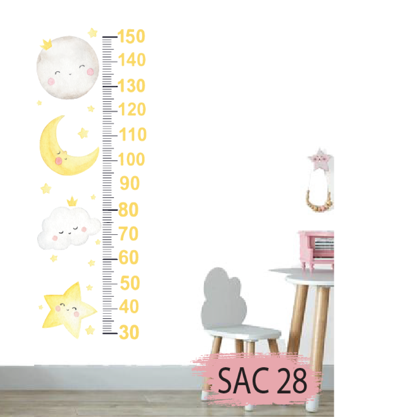 Sticker Toise Murale Enfant – Déco Douce Nuit 3D (Lune, Etoiles, Nuages) – Modèle S28