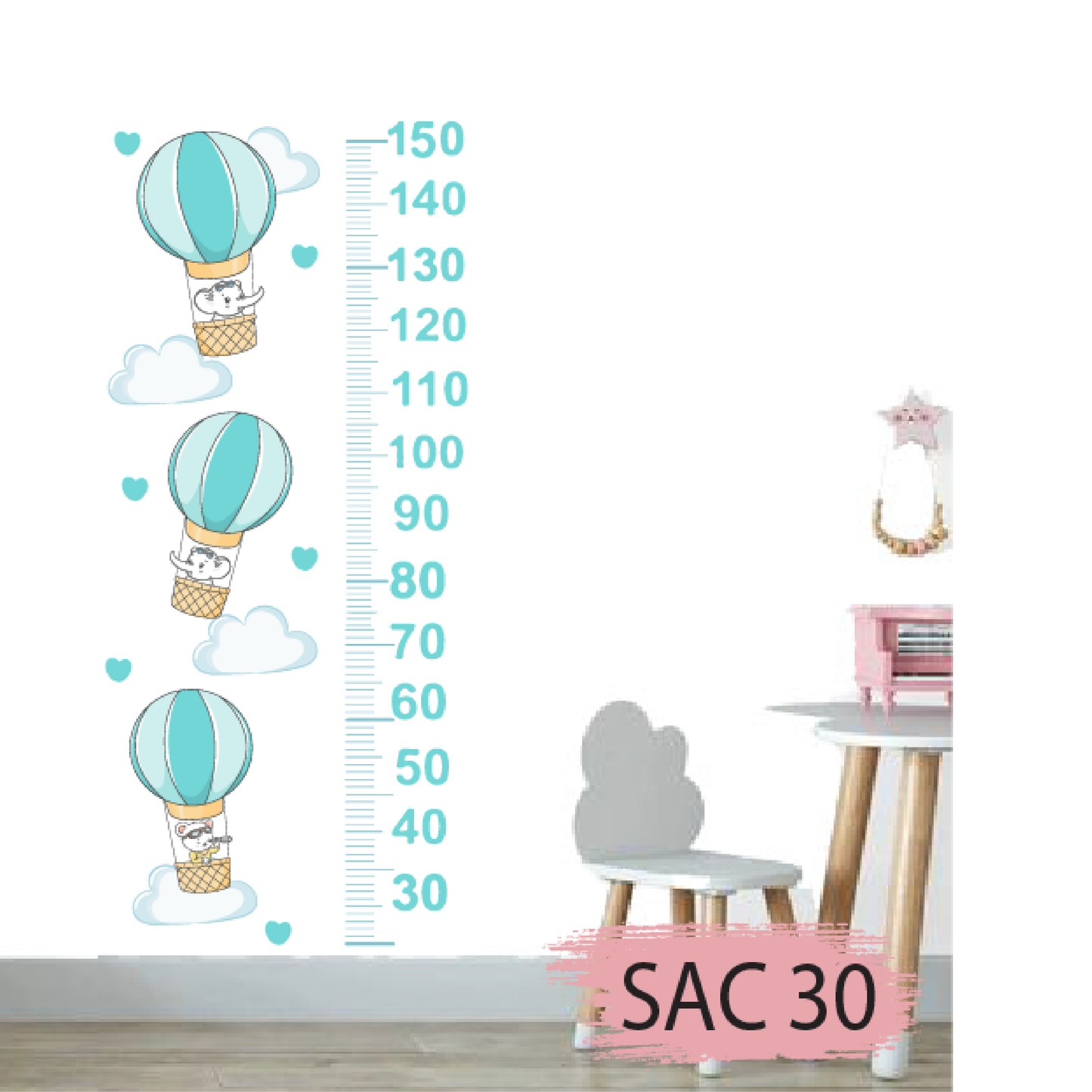 Hot Air Balloon Wall Height Chart Sticker – Children’s Room Decoration with Clouds and Hearts – Model S30