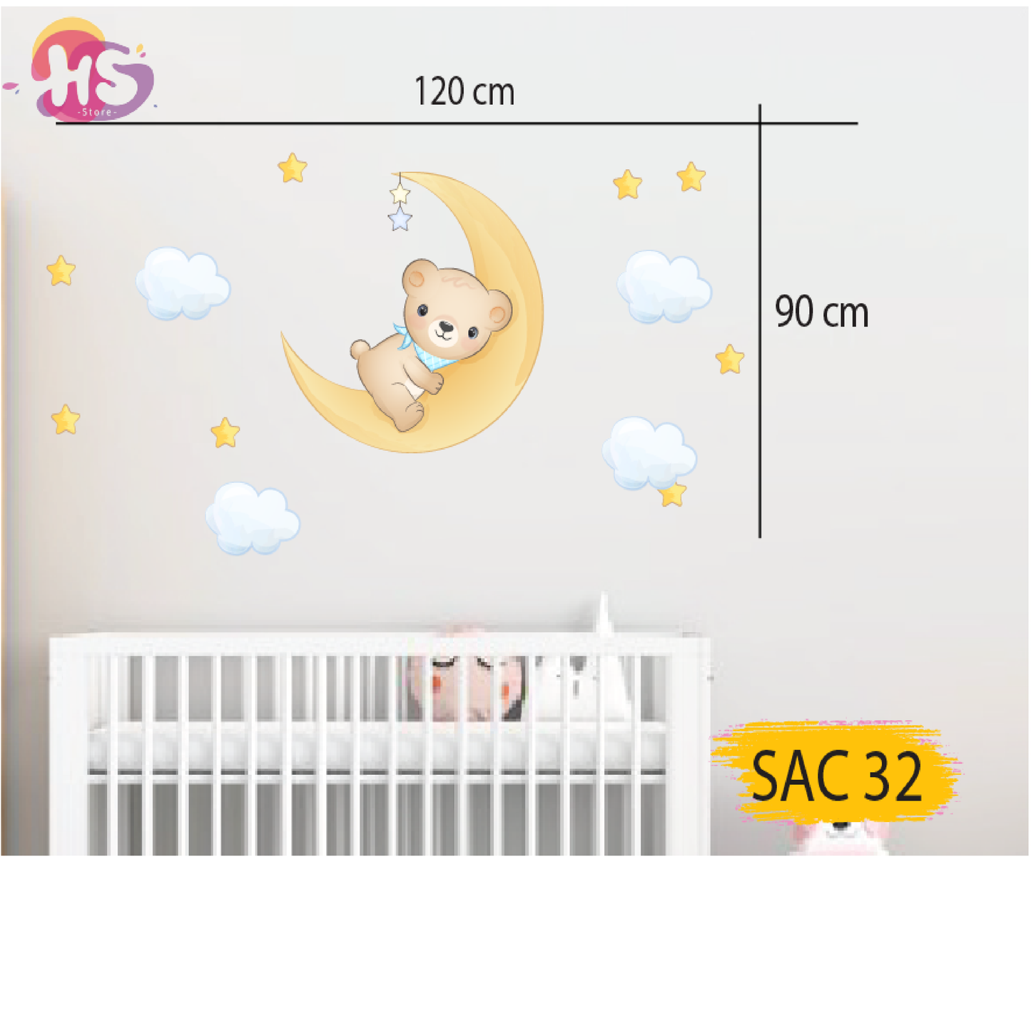 Baby Wall Sticker – Sleeping Teddy Bear on the Moon with Stars – Sweet Night Decor for Children’s Room – Model S32