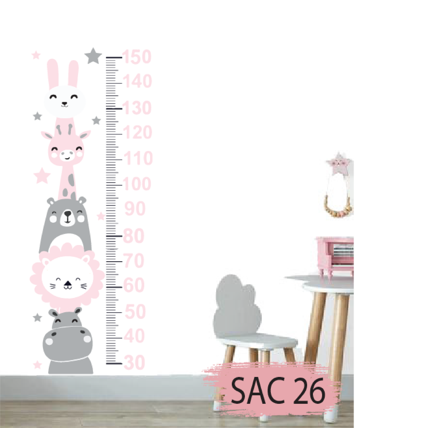 Children's Wall Height Chart Sticker – Cute 3D Animals (Rabbit, Lion, Bear) – Model SAC 26